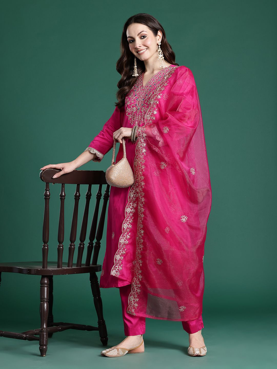 Ethnic Motifs Embroidered Sequinned Kurta with Trousers & With Dupatta