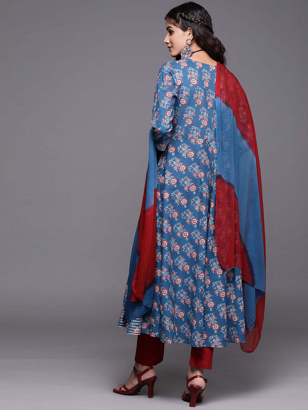 Indyancart VA Women's Blue Ethnic Motifs Printed Angrakha Gotta Patti Kurta with Trousers & With Dupatta