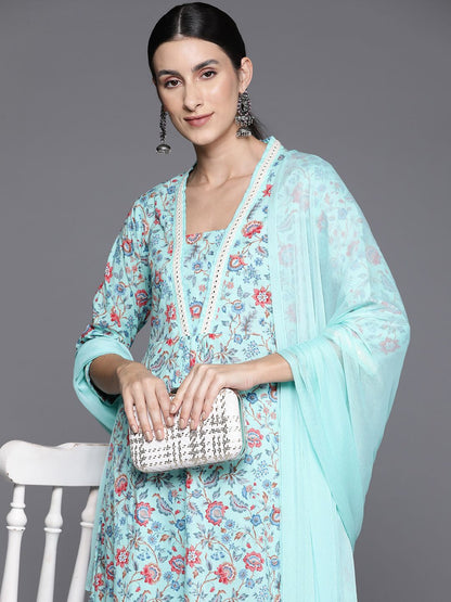 Indyancart VA Women's Floral Printed Empire Mirror Work Cotton Kurta with Trousers & With Dupatta