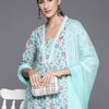 Indyancart VA Women's Floral Printed Empire Mirror Work Cotton Kurta with Trousers & With Dupatta