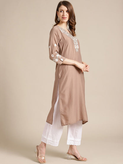Indyancart VA Women's Beige Floral Embroidered Kurta with Trousers & With Dupatta