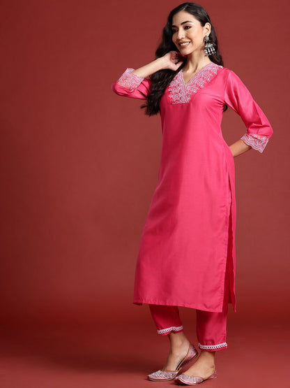 Indyancart IE Floral Yoke Design Kantha Work Kurta With Trousers & Dupatta