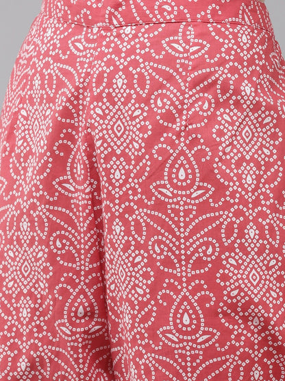 Indyancart IE Women Pink Bandhani Printed Regular Pure Cotton Kurta with Palazzos