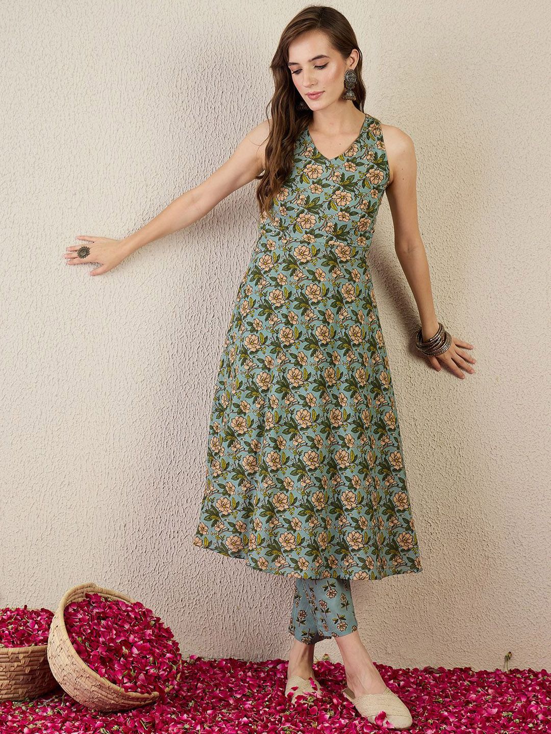 Floral Printed V-Neck Pure Cotton A-Line Kurta With Trouser