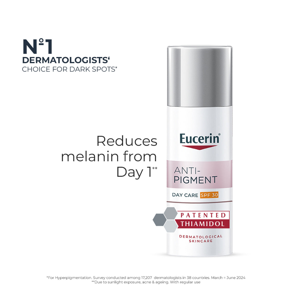 Eucerin Anti-Pigment Day Cream with SPF 30 and Thiamidol for reducing and preventing dark spots, shown in a tube.