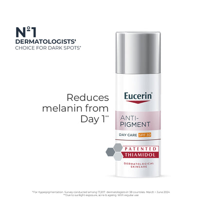 Eucerin Anti-Pigment Day Cream with SPF 30 and Thiamidol for reducing and preventing dark spots, shown in a tube.