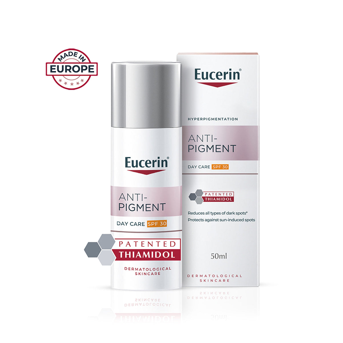 Eucerin Anti-Pigment Day Cream with SPF 30 and Thiamidol for reducing and preventing dark spots on the skin.