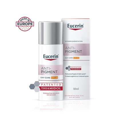 Eucerin Anti-Pigment Day Cream with SPF 30 and Thiamidol for reducing and preventing dark spots on the skin.