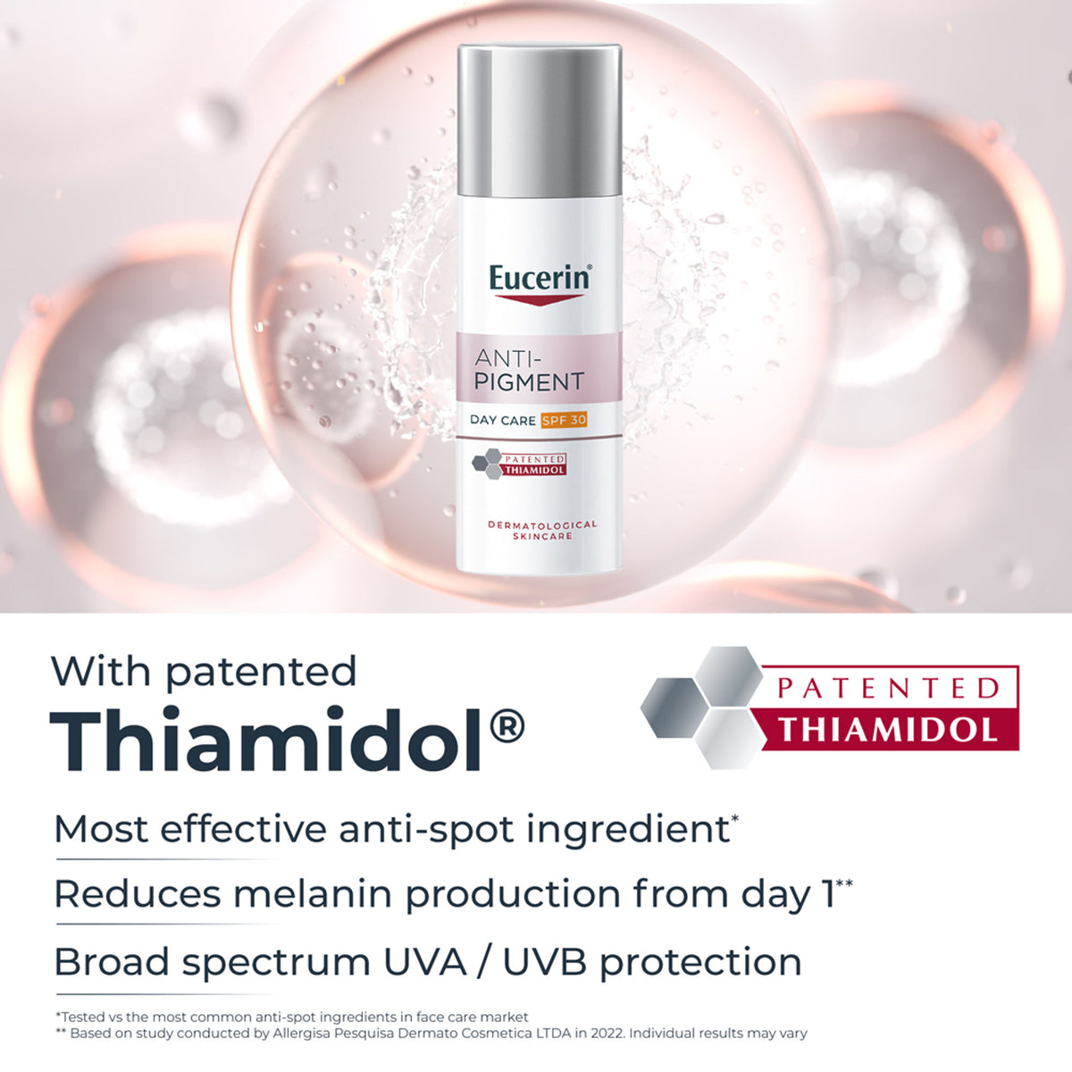 Eucerin Anti-Pigment Day Cream with SPF 30 and Thiamidol for reducing and preventing dark spots on the face.