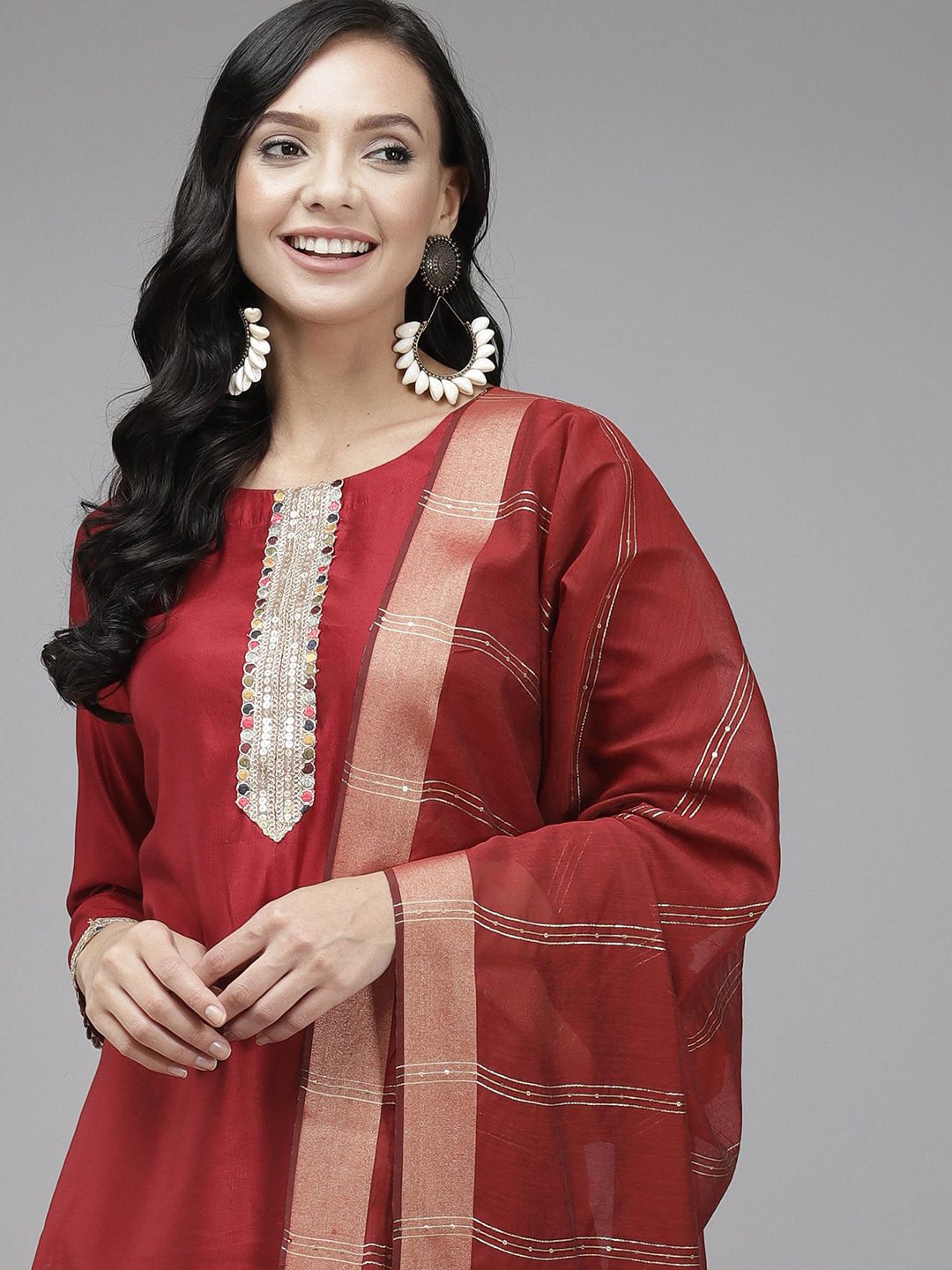 Indyancart IE Women Round Neck Liva Kurta & Palazzos With Dupatta