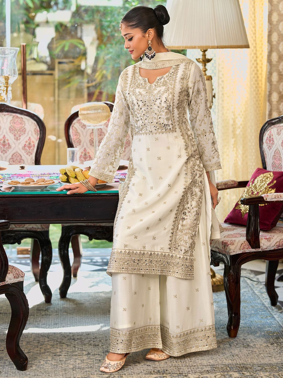 Indyancart IE Floral Embroidered Notch Neck Mirror Work Straight Kurta With Palazzos & Dupatta