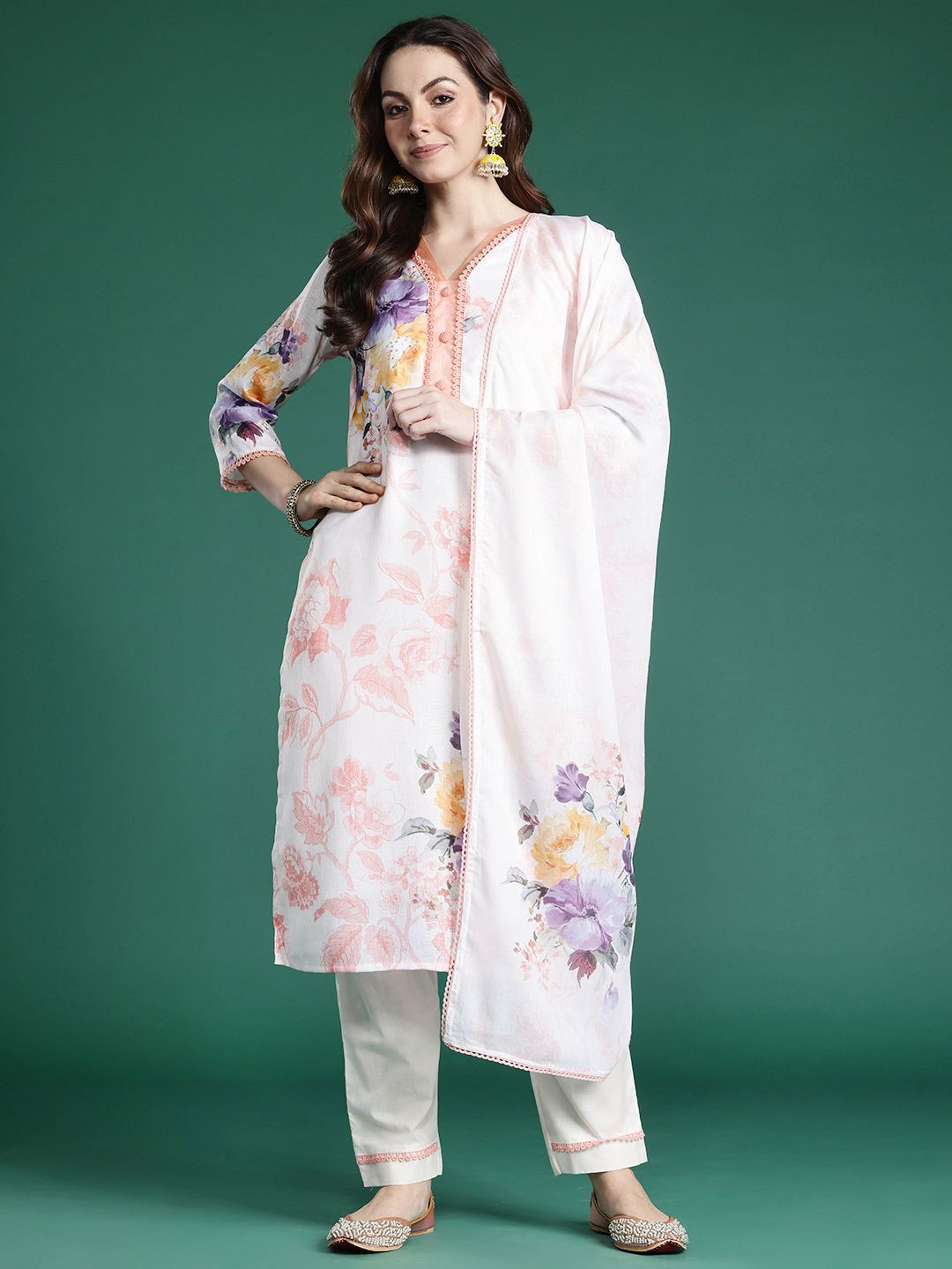 Indyancart IE Floral Printed Beads and Stones Linen Kurta with Trousers & With Dupatta
