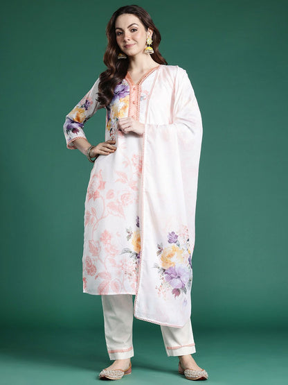 Indyancart IE Floral Printed Beads and Stones Linen Kurta with Trousers & With Dupatta
