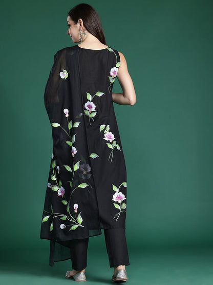 Indyancart IE Floral Printed Pure Cotton Kurta With Trousers & Dupatta