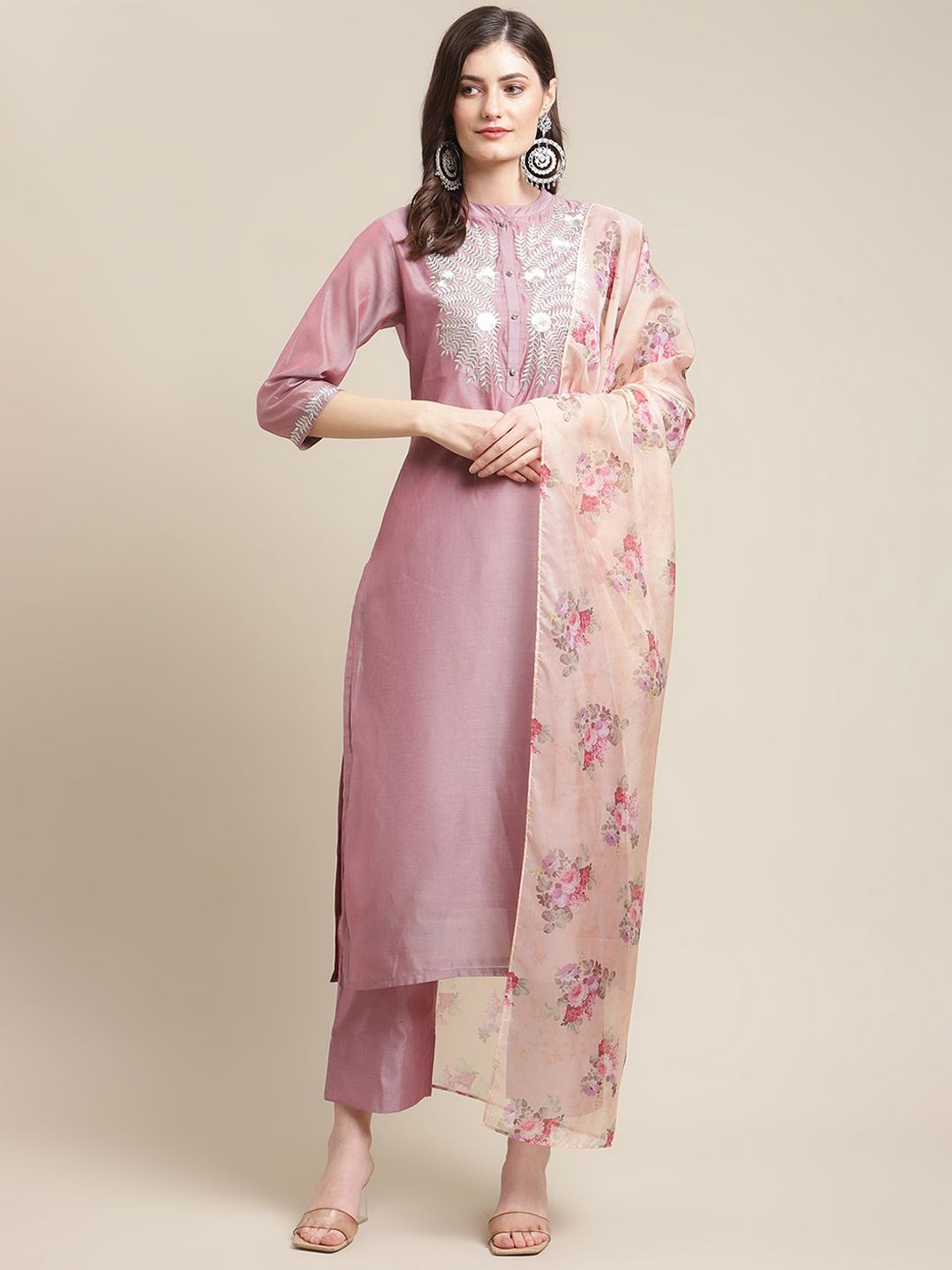 Indyancart VA Women's Mauve Floral & Peach Yoke Design Chanderi Silk Kurta Set