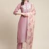 Indyancart VA Women's Mauve Floral & Peach Yoke Design Chanderi Silk Kurta Set