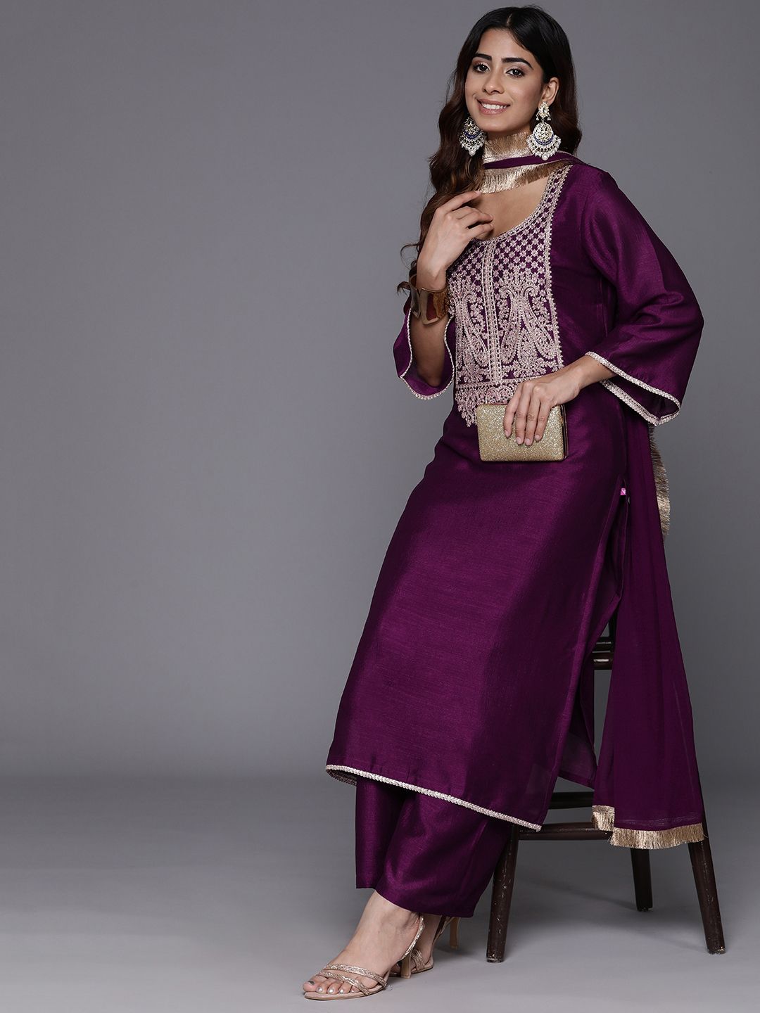 Indyancart VA Women Ethnic Motifs Embroidered Kurta with Palazzos & With Dupatta