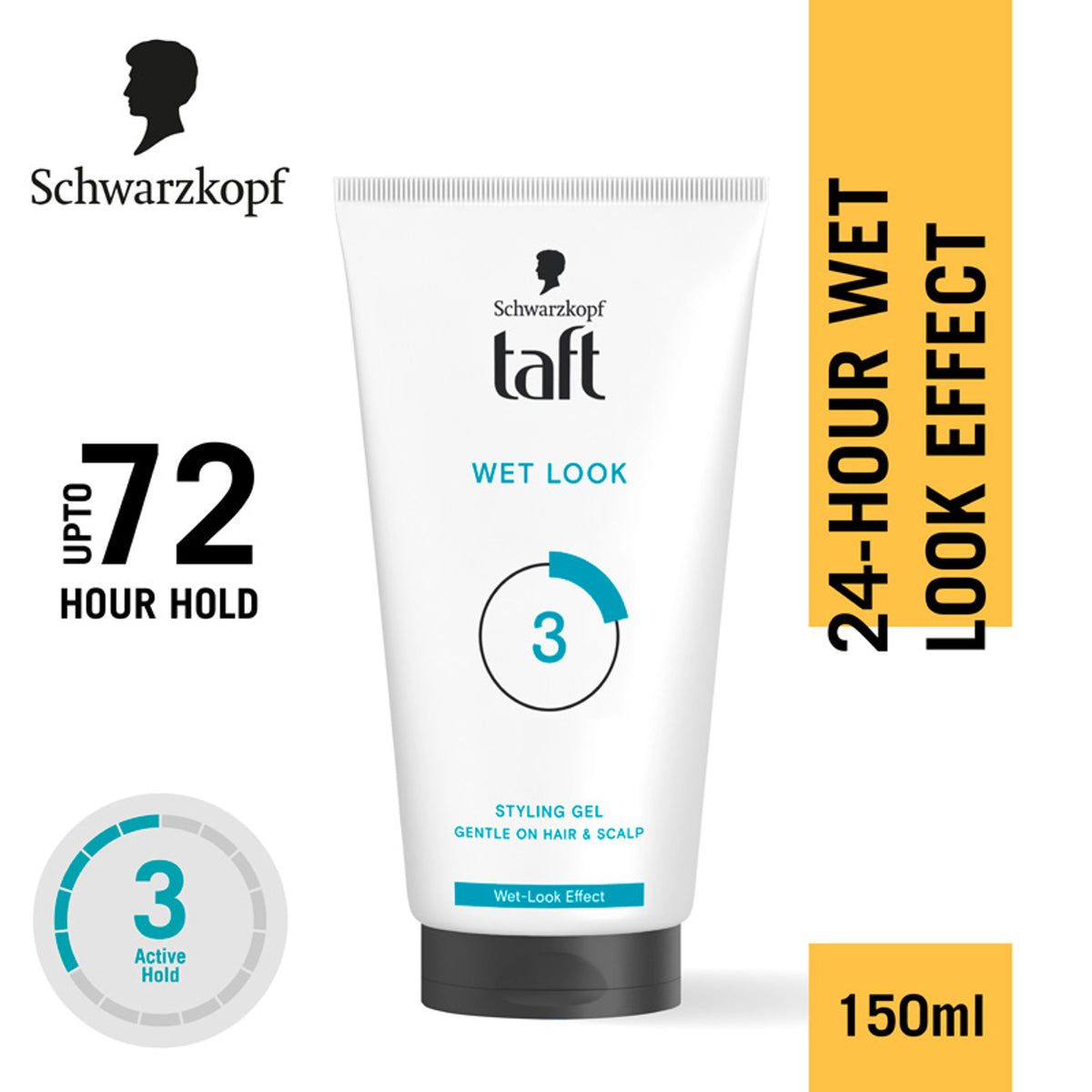 Schwarzkopf TAFT Wet Hair Styling Gel For 24 Hours Shiny Wet Look Effect Hold 3, Non-Sticky