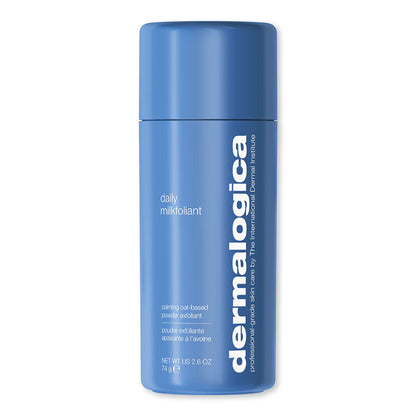 Dermalogica Daily Milkfoliant gentle oat-based powder exfoliant in a white jar with a silver lid.