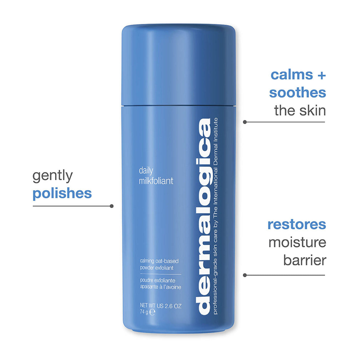 Dermalogica Daily Milkfoliant vegan oat-based powder exfoliant in a jar with a scoop for gentle skincare.