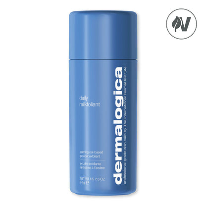 Dermalogica Daily Milkfoliant vegan oat-based powder exfoliant in a white jar with a scoop for gentle skin renewal.