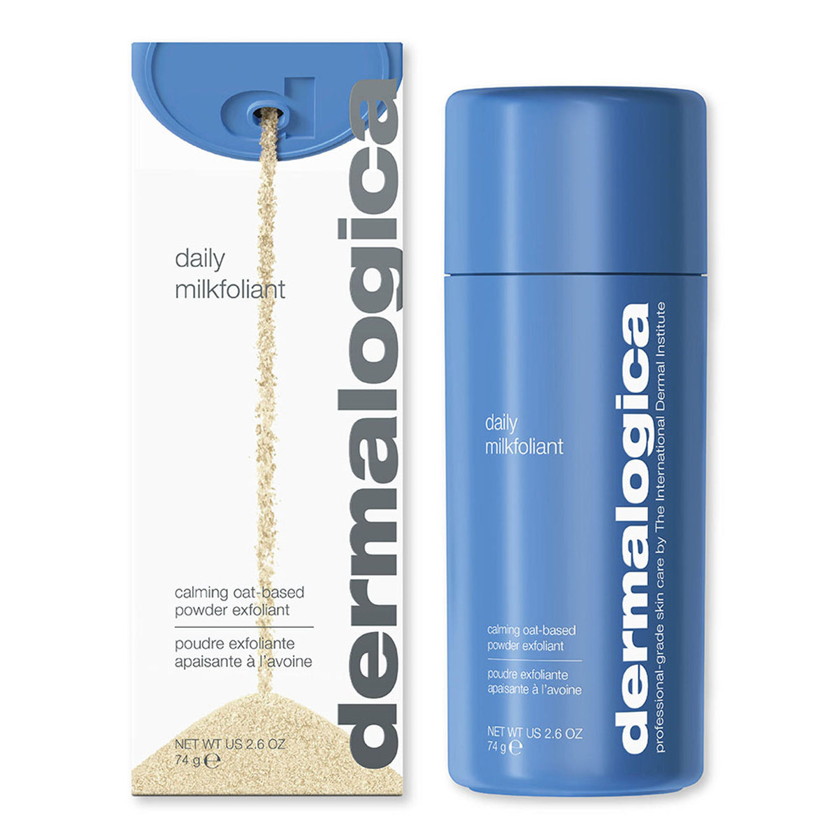 Dermalogica Daily Milkfoliant vegan oat-based powder exfoliant in a white container with a scoop on a wooden surface.