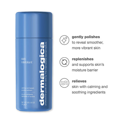 Dermalogica Daily Milkfoliant gentle oat-based powder exfoliant in a white container, with a scoop and powder visible.