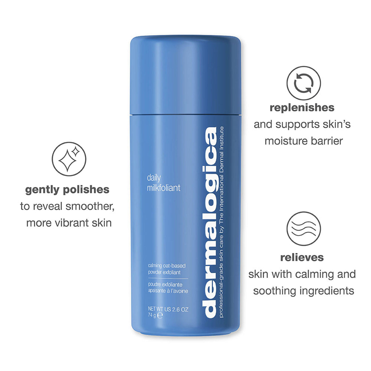 Dermalogica Daily Milkfoliant vegan oat-based powder exfoliant in a white jar with a scoop, ready for use in skincare routine.