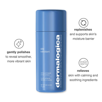 Dermalogica Daily Milkfoliant vegan oat-based powder exfoliant in a white jar with a scoop, ready for use in skincare routine.