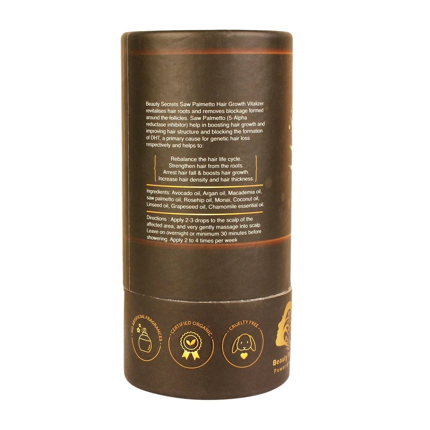 Beauty Secrets Saw Palmetto Hair Growth Serum bottle, natural hair serum for promoting thicker, healthier hair.