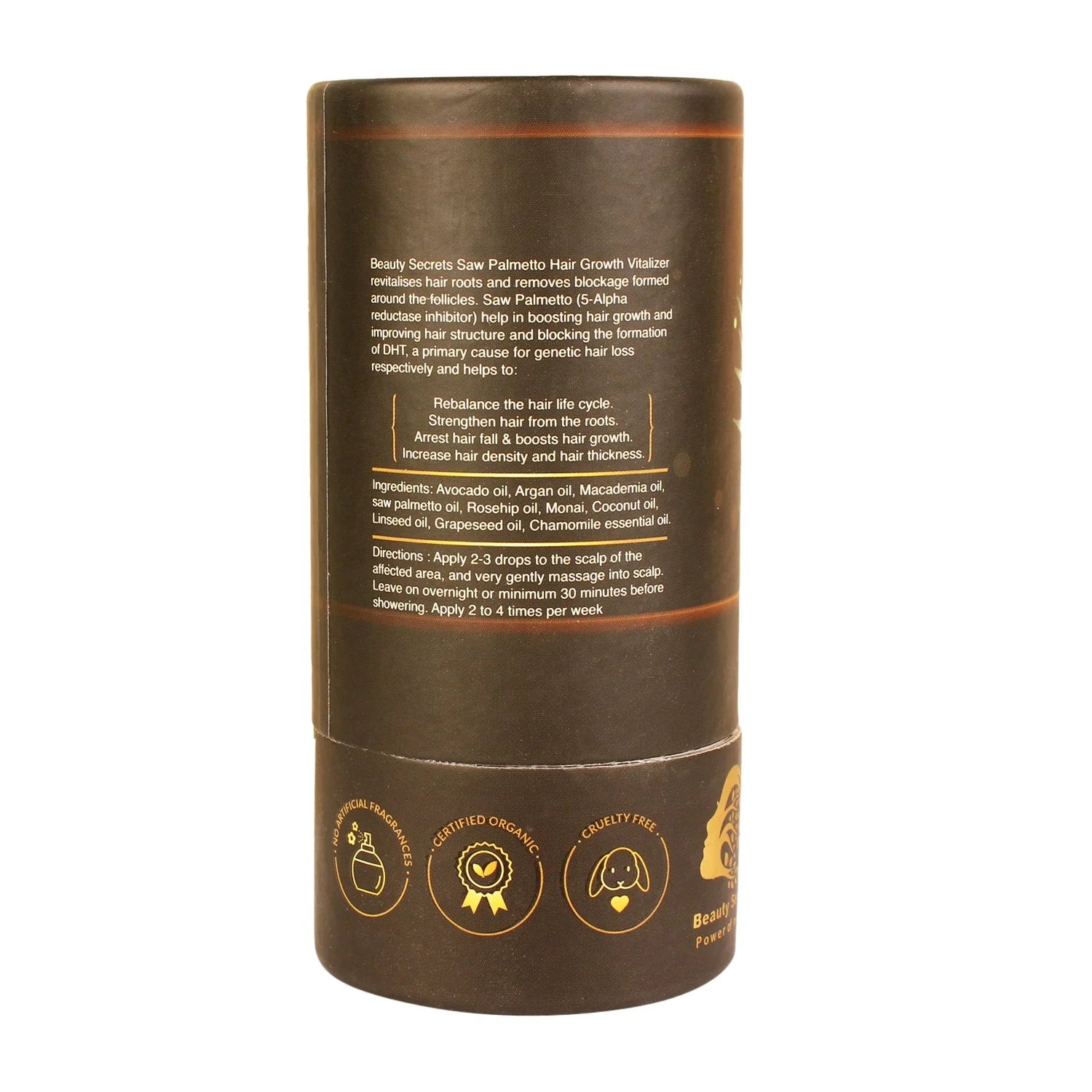 Beauty Secrets Saw Palmetto Hair Growth Serum bottle, natural hair serum for promoting thicker, healthier hair.