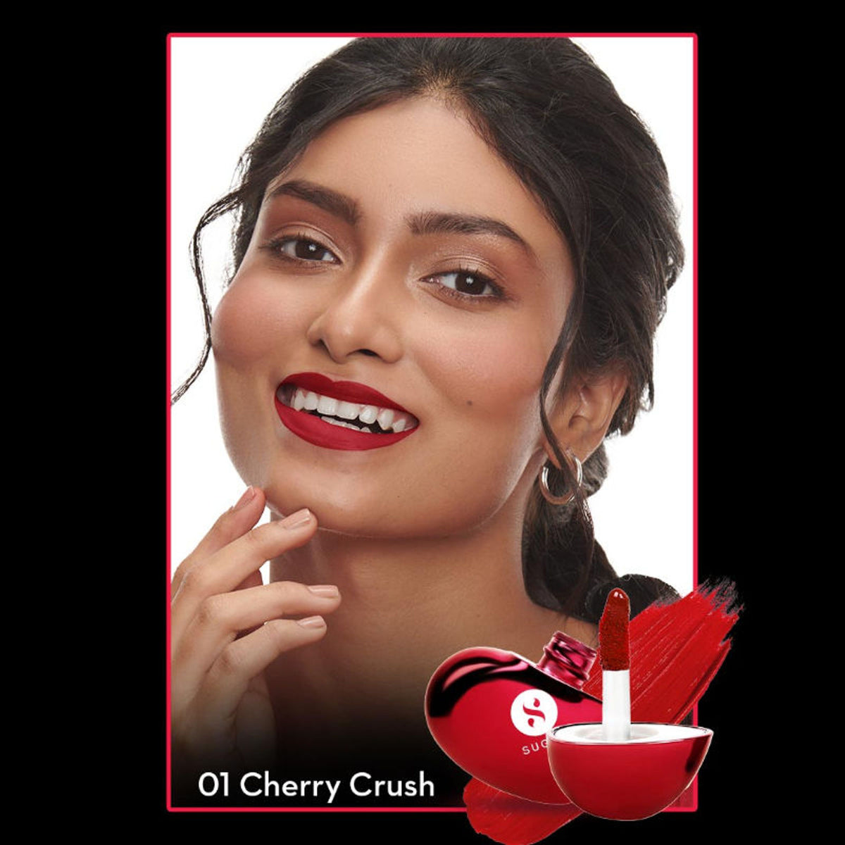SUGAR La La Love 18 Hr Liquid Lipstick in shade 01, showcasing a smooth, vibrant lipstick applied on lips.