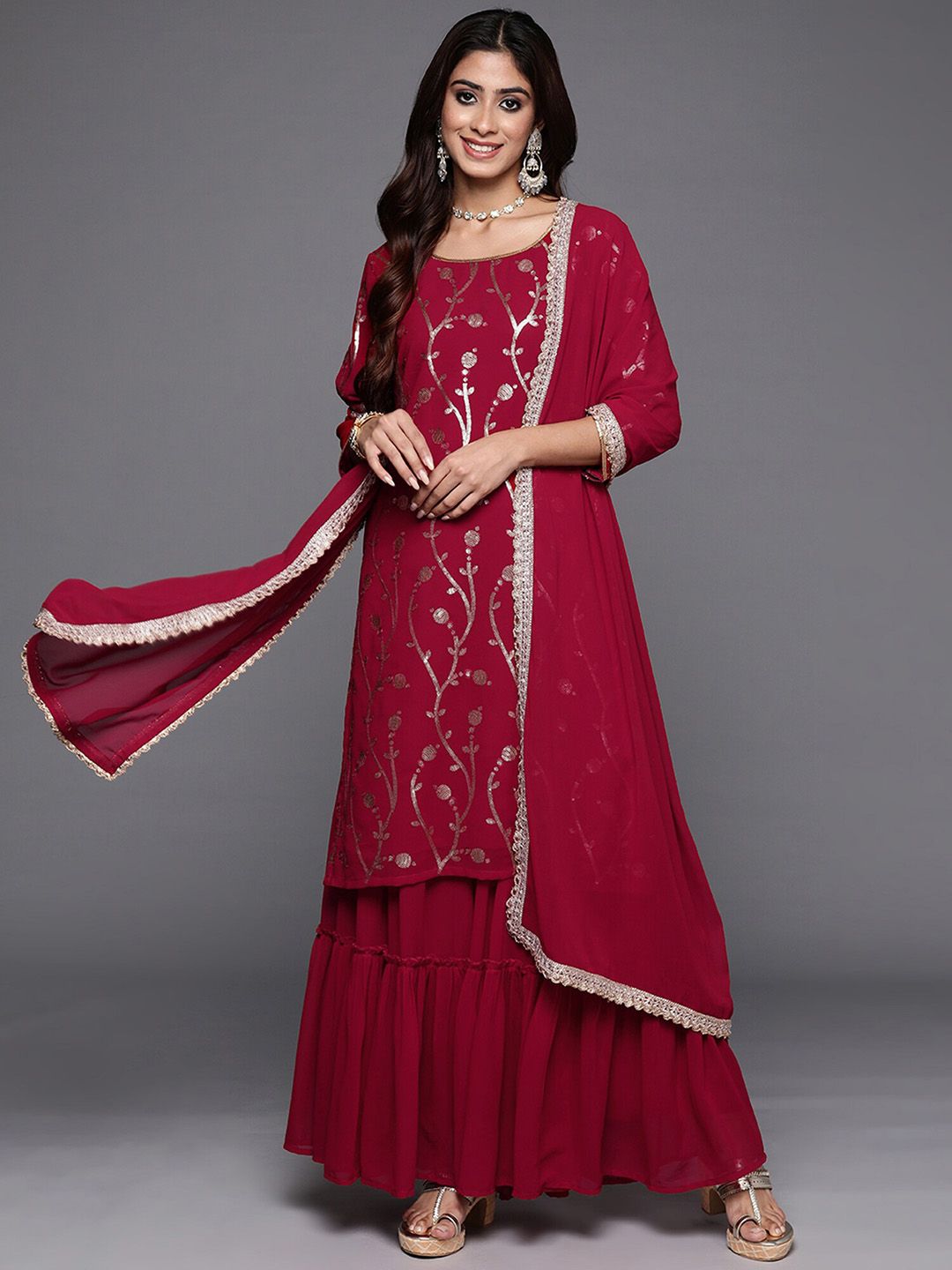 Indyancart IE Floral Embroidered Sequinned Georgette Straight Kurta with Sharara & With Dupatta