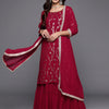 Indyancart IE Floral Embroidered Sequinned Georgette Straight Kurta with Sharara & With Dupatta