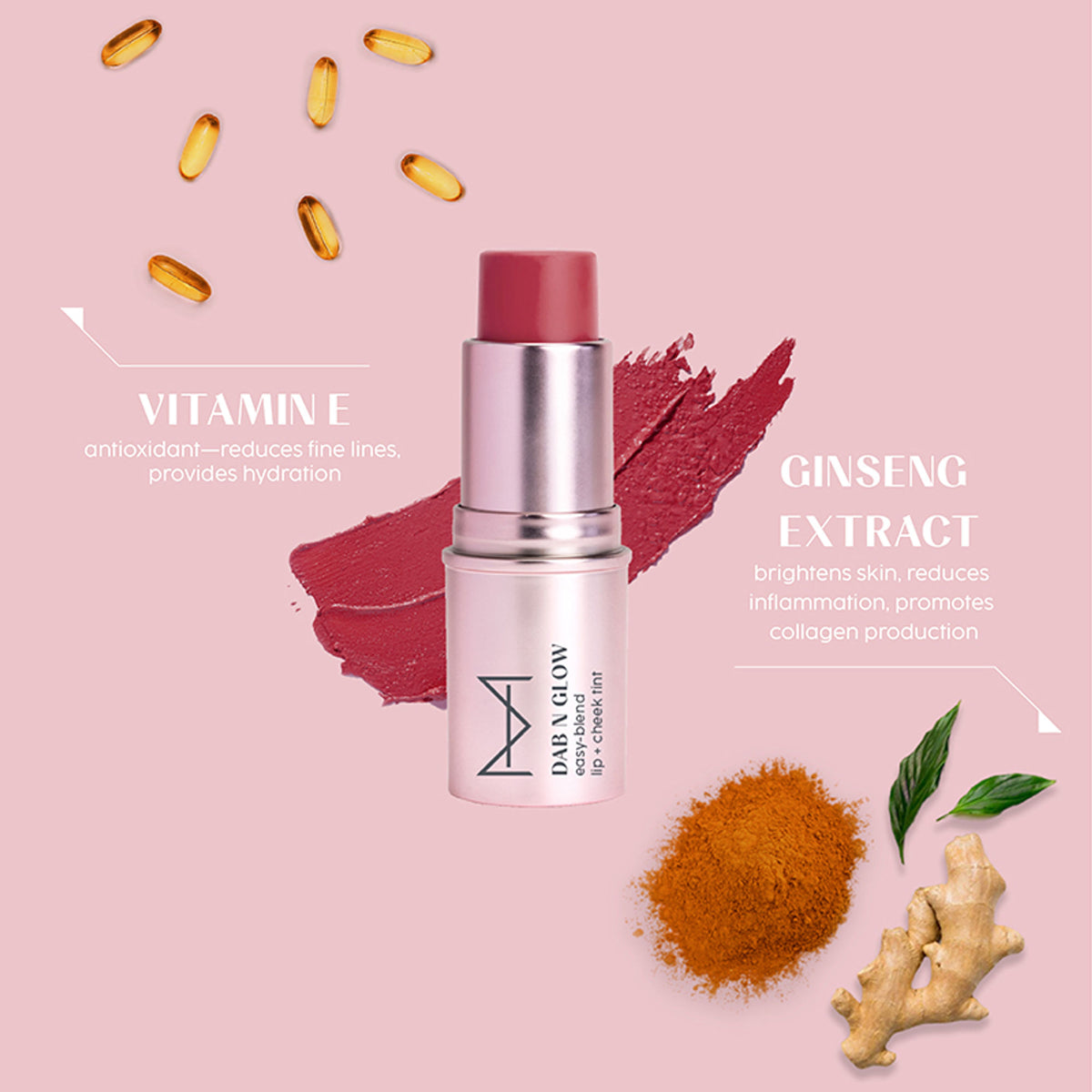 House of Makeup Dab N Glow Burnt Rose lip and cheek tint applied on skin, showing easy-blend formula and natural rosy color.