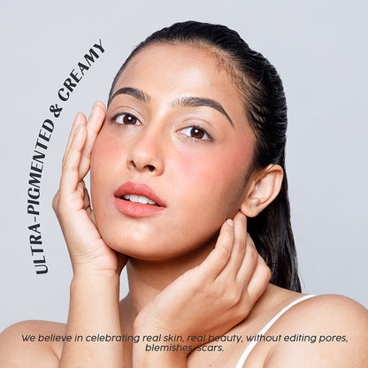 House of Makeup Dab N Glow lip and cheek tint in Fiery Red, easy-to-blend formula shown on lips and cheeks.