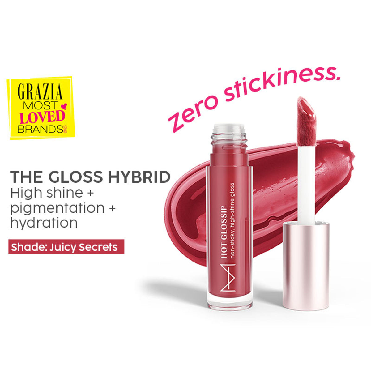 House of Makeup Hot Glossip Lip Gloss in Juicy Secrets with shiny, glossy finish and smooth applicator brush visible.