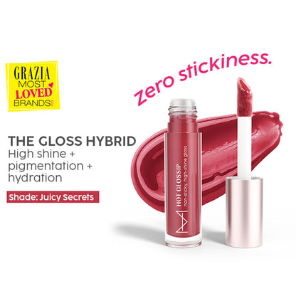 House of Makeup Hot Glossip Lip Gloss in Juicy Secrets with shiny, glossy finish and smooth applicator brush visible.