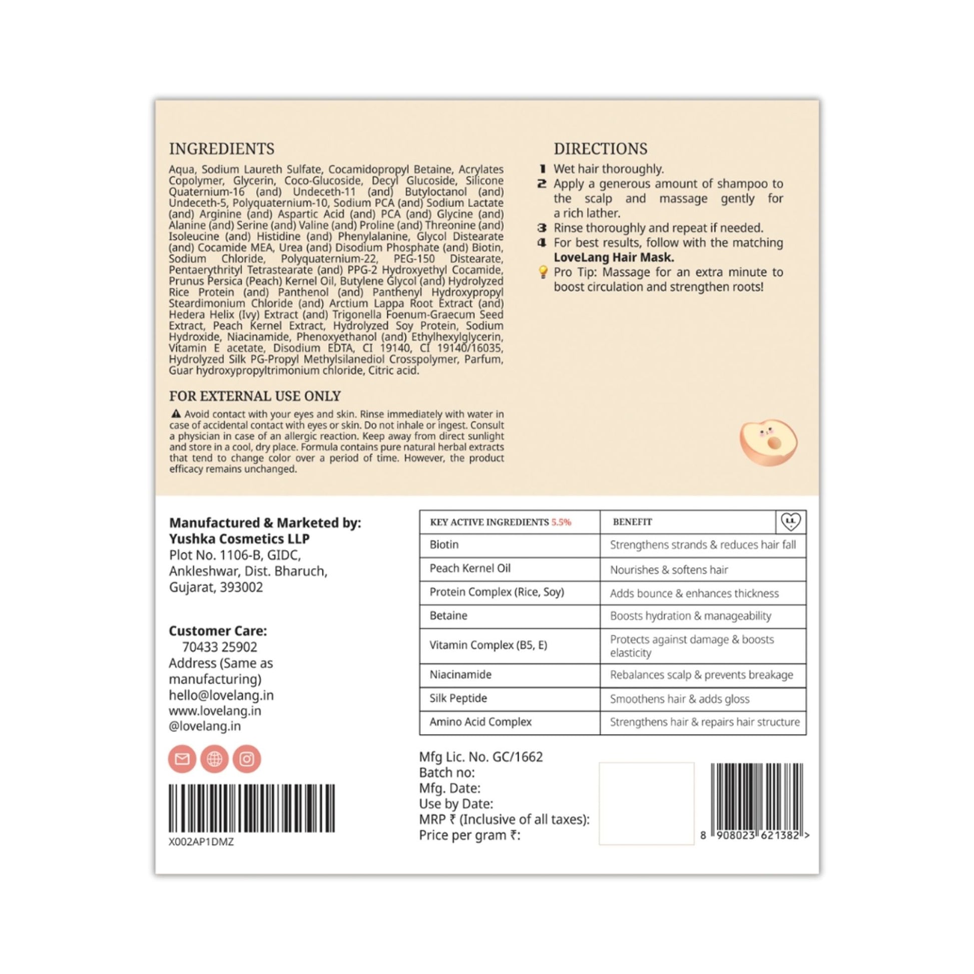 lovelang Peach + Biotin Shampoo