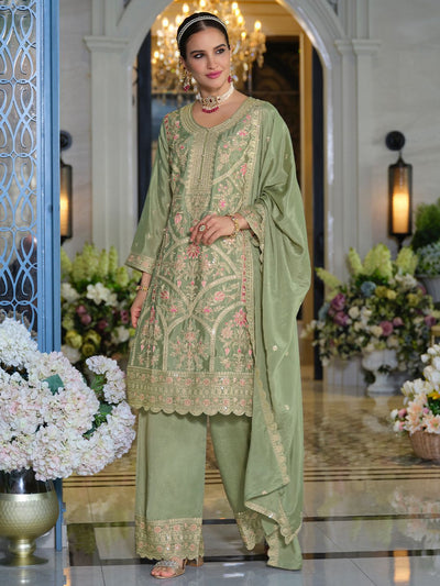 Dhiyona IE Women Ethnic Motifs Embroidered Sequinned Kurta with Trousers & Dupatta