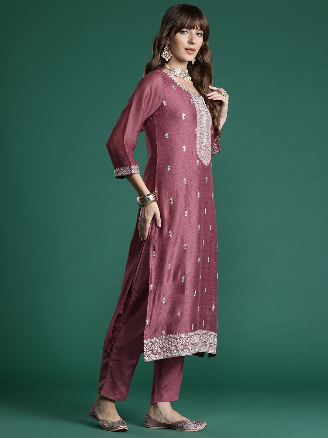 Floral Embroidered Thread Work Kurta with Trousers & With Dupatta