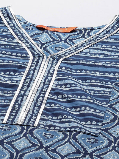 Dhiyona IE Blue & White Ethnic Print Gotta Patti A-line Kurta Trousers & Dupatta