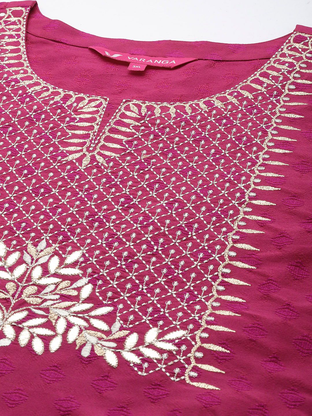 Indyancart VA Women's Magenta Floral Embroidered Kurta with Trousers & Dupatta