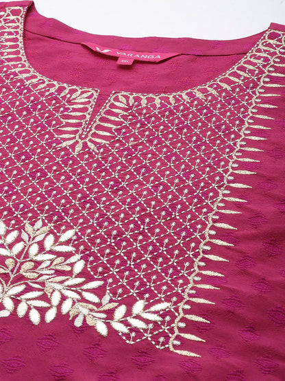 Indyancart VA Women's Magenta Floral Embroidered Kurta with Trousers & Dupatta