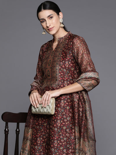 Indyancart VA Women's Floral Printed Regular Chanderi Silk Kurta with Trousers & With Dupatta