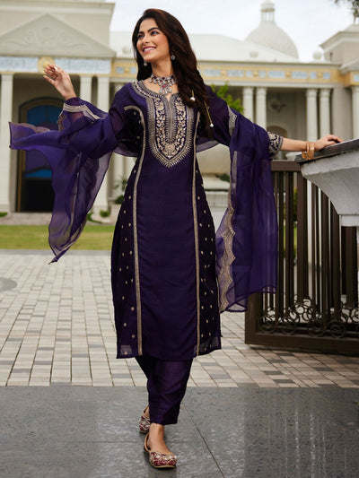 Dhiyona IE Women Ethnic Motifs Embroidered Panelled Kurta with Trousers & With Dupatta