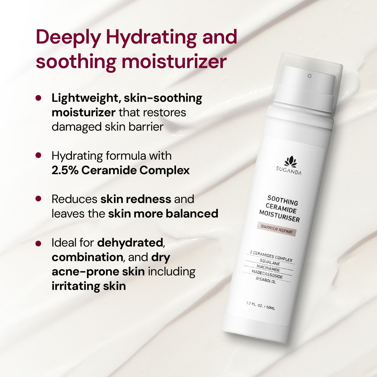 Suganda Soothing Ceramide Barrier Repair Hydrating Face Moisturizer, Normal To Dry Skin