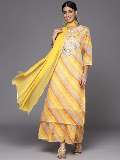 Indyancart VA Women's Yellow Leheriya Printed Gotta Patti Chanderi Cotton Kurta with Sharara & With Dupatta