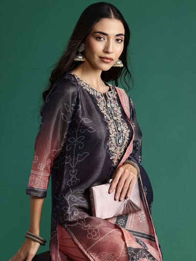 Indyancart IE Bandhani Printed Thread Work Kurta with Trousers & With Dupatta