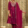 Indyancart IE Magenta Ethnic Motifs Embroidered Straight Kurta & Trouser With Dupatta